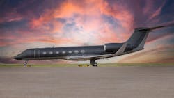 A dark gray airplane parked on a tarmac in front of a sky during sunset, with pink and purple hues in the clouds A dark gray airplane parked on a tarmac in front of a sky during sunset, with pink and purple hues in the clouds