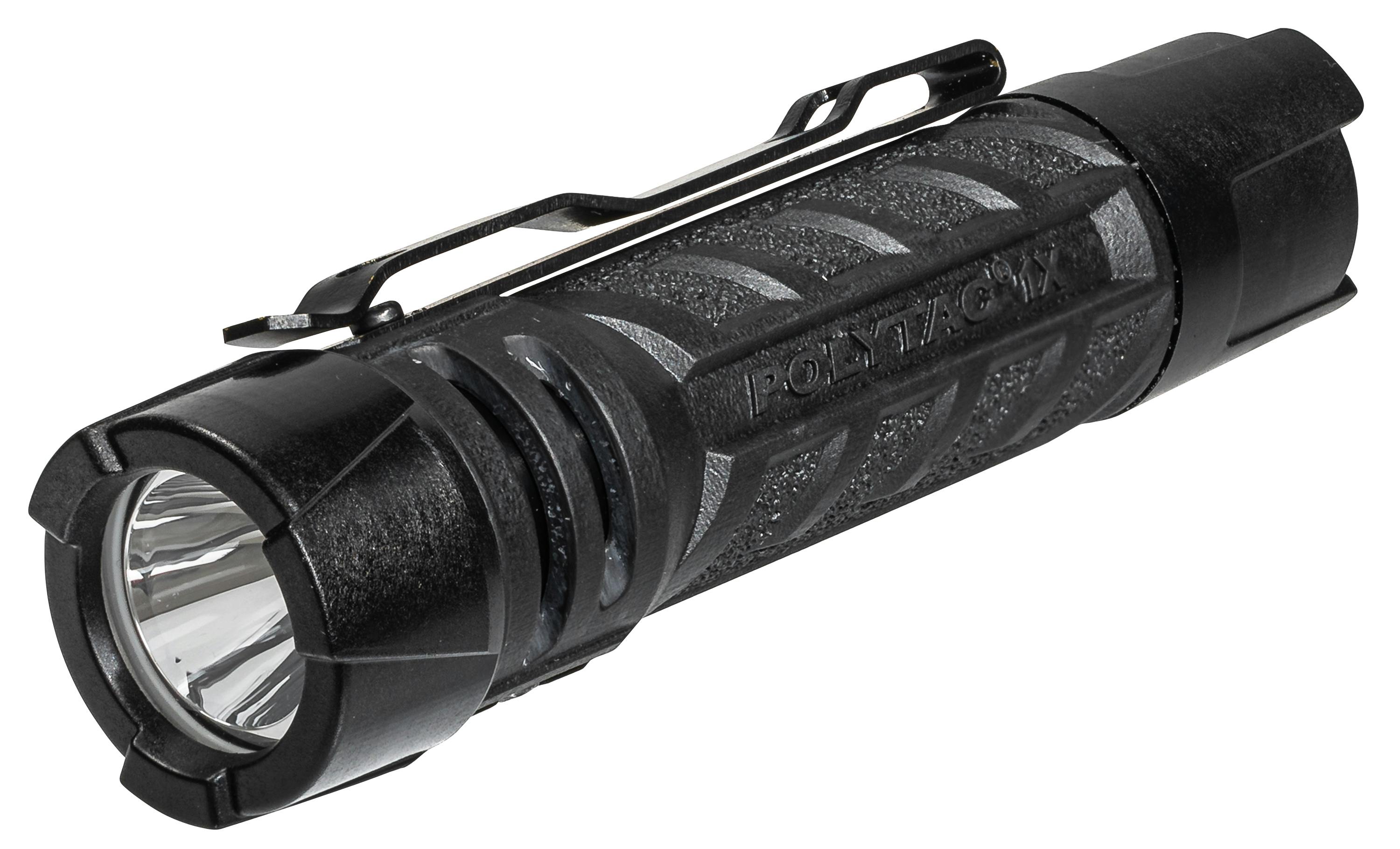 A black flashlight with a handle and a carved label on the side that reads: PolyTac 1X