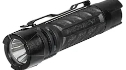 A black flashlight with a handle and a carved label on the side that reads: PolyTac 1X