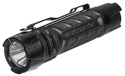 A black flashlight with a handle and a carved label on the side that reads: PolyTac 1X A black flashlight with a handle and a carved label on the side that reads: PolyTac 1X