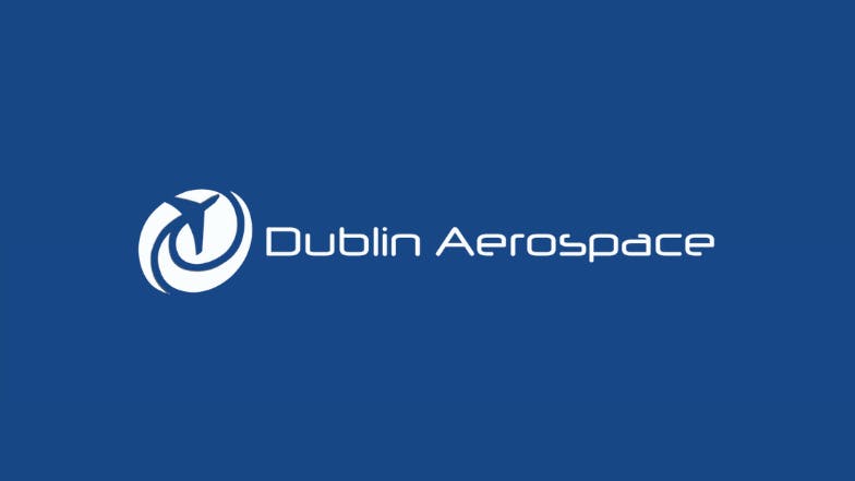A dark blue background with a white logo showing an airplane flying and text that reads: Dublin Aerospace