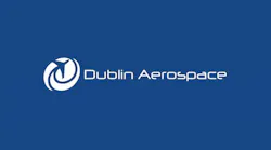 A dark blue background with a white logo showing an airplane flying and text that reads: Dublin Aerospace