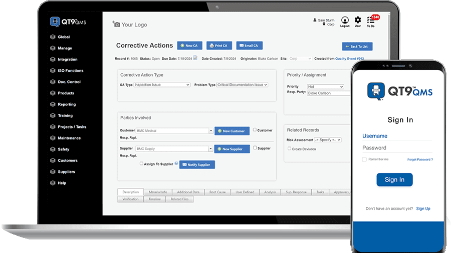 A laptop and cell phone showing a log-in window and software titled 'QT9 QMS'