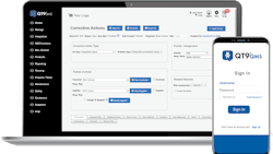 A laptop and cell phone showing a log-in window and software titled 'QT9 QMS' A laptop and cell phone showing a log-in window and software titled 'QT9 QMS'