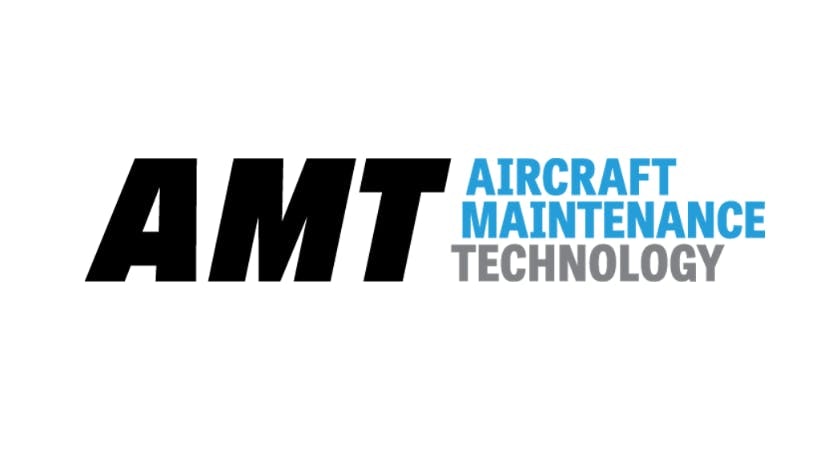 A logo with black, light blue, and grey lettering that reads: AMT Aircraft Maintenance Technology