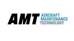 A logo with black, light blue, and grey lettering that reads: AMT Aircraft Maintenance Technology