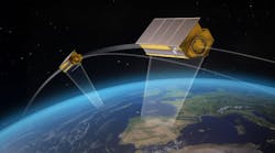 A rendering of two satellites orbiting in the Earth's atmosphere A rendering of two satellites orbiting in the Earth's atmosphere