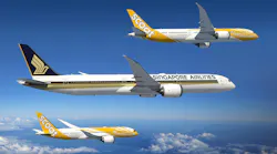 Three airplanes in the sky decorated in white, black, and yellow livery with one plane showing the text, 'Singapore Airlines' and the other two showing the text, 'SCOOT'