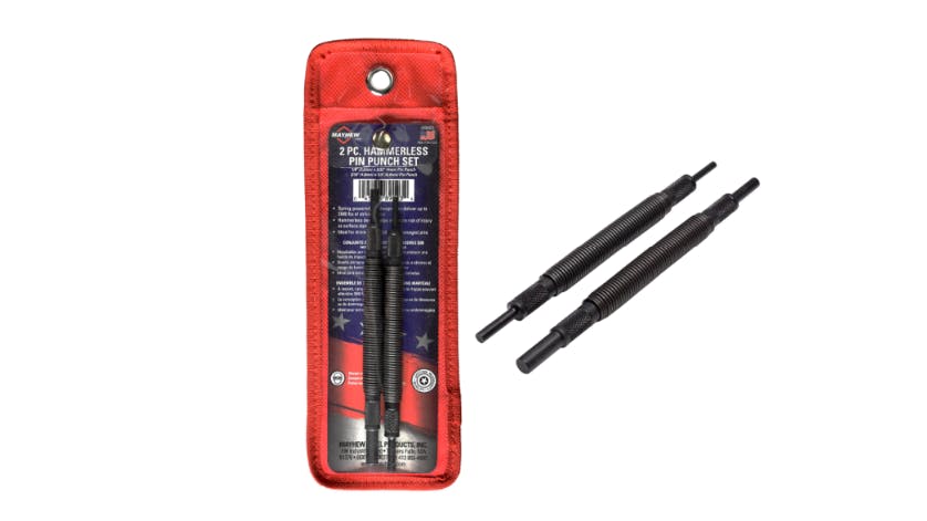 Two slender black pin punch tools next to a red carrying case with a label that reads: 2 Pc. Hammerless Pin Punch Set