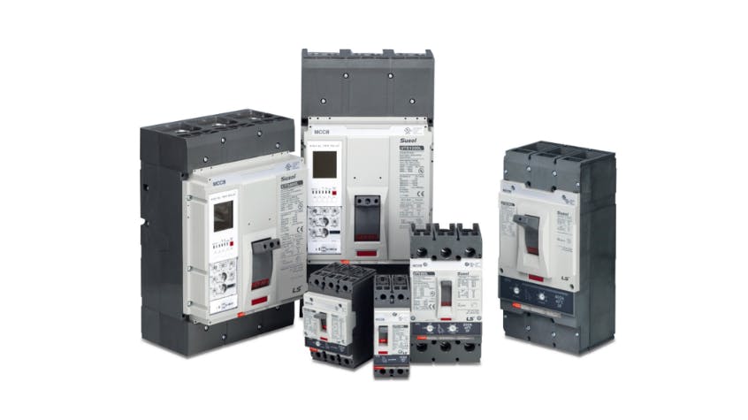 A group of large black and gray circuit breakers with buttons and screens