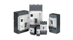 A group of large black and gray circuit breakers with buttons and screens
