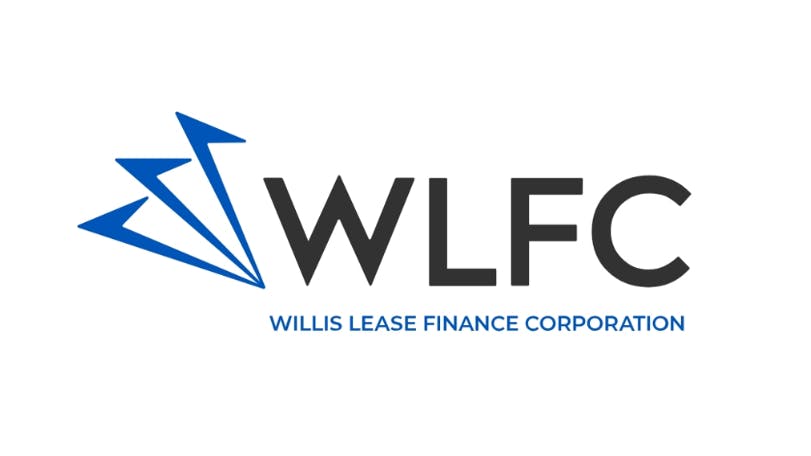 A blue and black logo with an angular graphic and text that reads: WLFC Willis Lease Finance Corporation