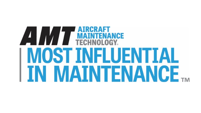 A blue, black and gray logo with text that reads: AMT Aircraft Maintenance Technology Most Influential in Maintenance
