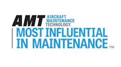 A blue, black and gray logo with text that reads: AMT Aircraft Maintenance Technology Most Influential in Maintenance