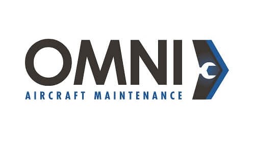 A black and dark blue logo with an illustration of a wrench and an arrow and text that reads: Omni Aircraft Maintenance