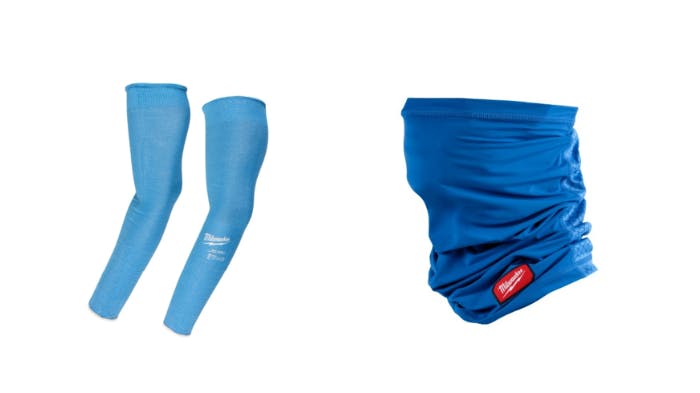 Two blue sleeves and a blue neck covering in front of a white background