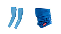 Two blue sleeves and a blue neck covering in front of a white background