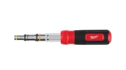 A metallic nut driver with a red and black handle that says 'Milwaukee' on it A metallic nut driver with a red and black handle that says 'Milwaukee' on it