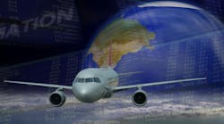 A graphic showing an airplane flying in front of a rendering of Earth, with airport sign boards overlaid A graphic showing an airplane flying in front of a rendering of Earth, with airport sign boards overlaid