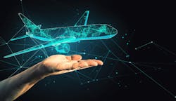 An outstretched hand with a rendering of an airplane floating above it, highlighting data points An outstretched hand with a rendering of an airplane floating above it, highlighting data points