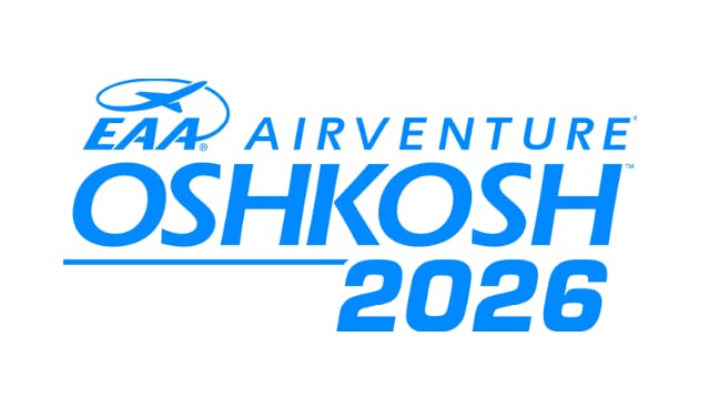 A logo with bright blue lettering that reads: EAA AirVenture OSHKOSH 2026