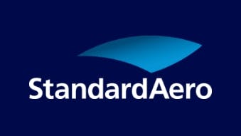 A dark blue logo with a light blue accent and white text that reads: StandardAero