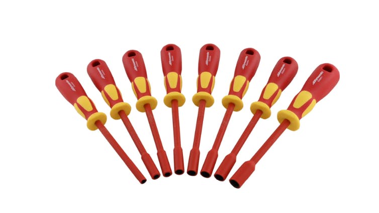 A set of eight screwdrivers with red and yellow handles