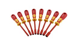 A set of eight screwdrivers with red and yellow handles A set of eight screwdrivers with red and yellow handles