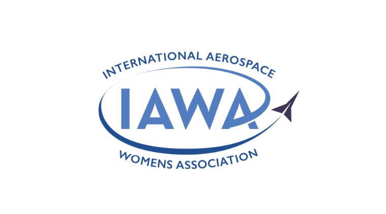 A logo with a black illustration of an airplane and blue text that reads: International Aerospace Womens Association (IAWA)