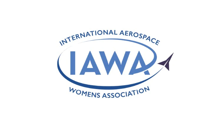 A logo with a black illustration of an airplane and blue text that reads: International Aerospace Womens Association (IAWA)