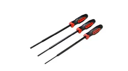 Three black pin punch tools with black and red handles