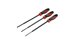 Three black pin punch tools with black and red handles Three black pin punch tools with black and red handles