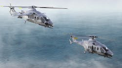 Two military helicopters flying over a body of water with fog in the sky Two military helicopters flying over a body of water with fog in the sky