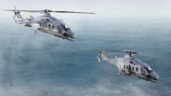 Two military helicopters flying over a body of water with fog in the sky Two military helicopters flying over a body of water with fog in the sky