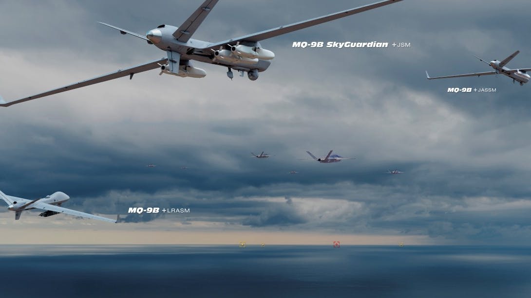 A collection of airplanes flying in a stormy sky, with labels next to them that read: MQ-9B