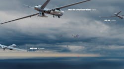 A collection of airplanes flying in a stormy sky, with labels next to them that read: MQ-9B A collection of airplanes flying in a stormy sky, with labels next to them that read: MQ-9B