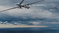 A collection of airplanes flying in a stormy sky, with labels next to them that read: MQ-9B A collection of airplanes flying in a stormy sky, with labels next to them that read: MQ-9B