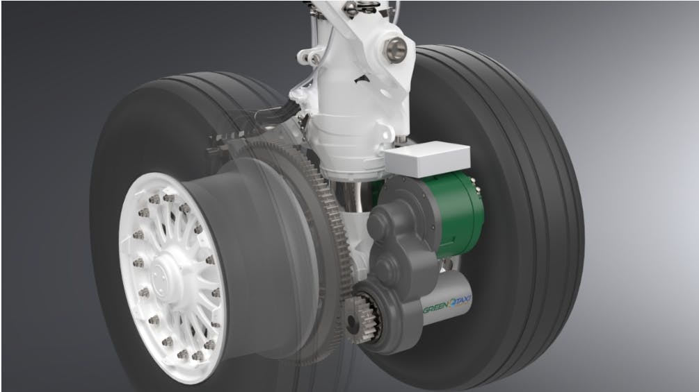 A 3D rendering of landing gear with an electric taxi system attached