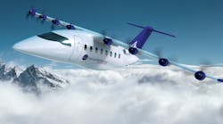 A white aircraft with a blue tail and several propellers flying over mountains and clouds in front of a blue sky A white aircraft with a blue tail and several propellers flying over mountains and clouds in front of a blue sky