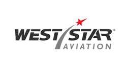 A logo with a red shooting star and gray trail with black text that reads: West Star Aviation A logo with a red shooting star and gray trail with black text that reads: West Star Aviation