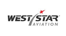 A logo with a red shooting star and gray trail with black text that reads: West Star Aviation A logo with a red shooting star and gray trail with black text that reads: West Star Aviation