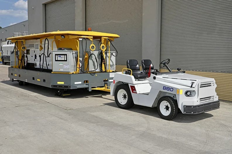 This is the Oshkosh Aerotech AmpCart towable charging platform.