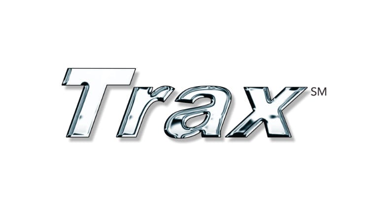 A logo with a white background and chrome-colored text that reads: Trax