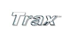 A logo with a white background and chrome-colored text that reads: Trax A logo with a white background and chrome-colored text that reads: Trax