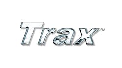 A logo with a white background and chrome-colored text that reads: Trax A logo with a white background and chrome-colored text that reads: Trax
