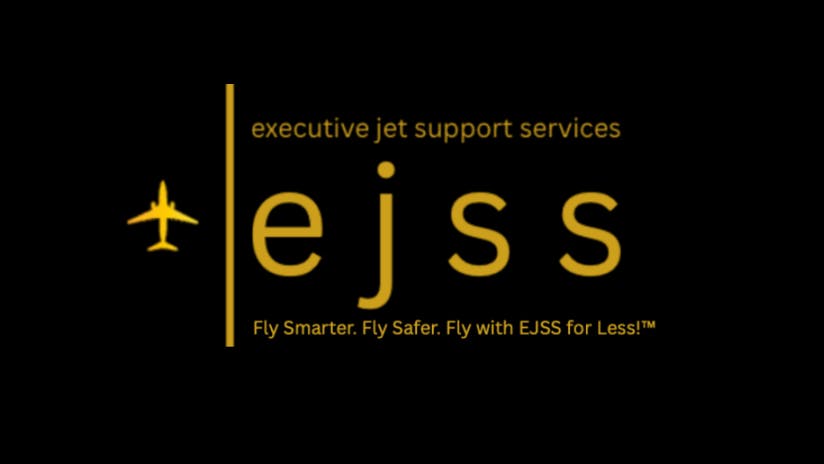 A logo with a black background and yellow text that reads: executive jet support services EJSS Fly Smarter. Fly Safer. Fly with EJSS for Less!