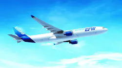 A white and blue airplane flying in a blue sky with text printed on the side that reads 'EFW' and 'A330P2F' A white and blue airplane flying in a blue sky with text printed on the side that reads 'EFW' and 'A330P2F'