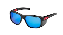 A pair of glasses with black frames and blue lenses, with red accents on the arms that say 'Milwaukee'