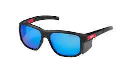 A pair of glasses with black frames and blue lenses, with red accents on the arms that say 'Milwaukee' A pair of glasses with black frames and blue lenses, with red accents on the arms that say 'Milwaukee'