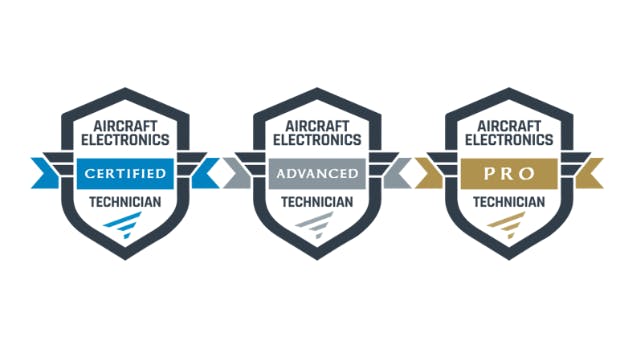 Three illustrations of shields that represent different levels of CAET certification, with labels on them that read, 'Aircraft Electronics Technician' with three options: Certified, Advanced, Pro